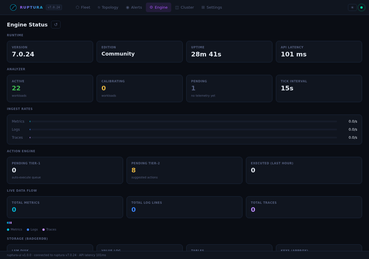 Engine view — v7.0.23, runtime stats, ingest rates, BadgerDB storage