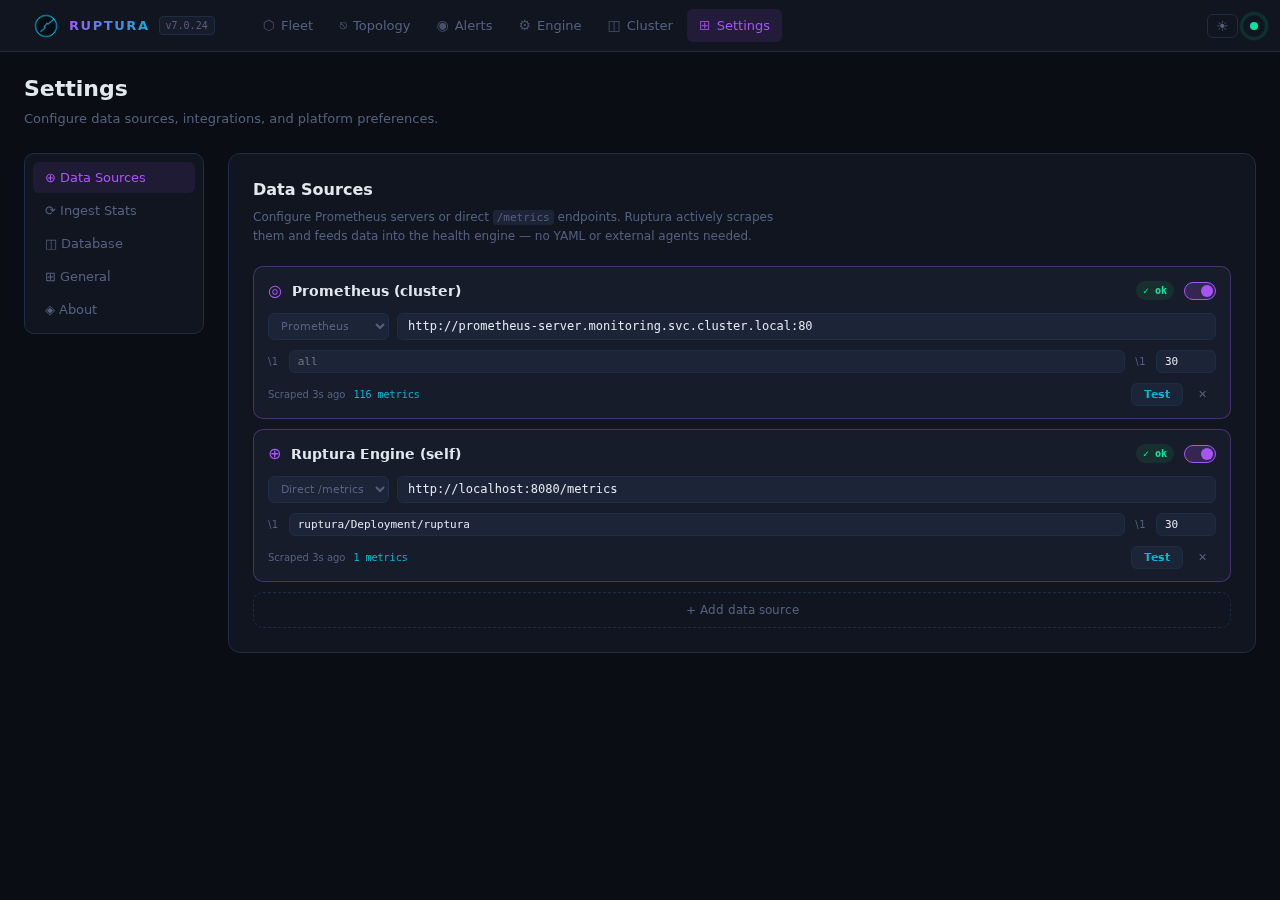 Settings — Datasources tab with Prometheus and self-scrape configured