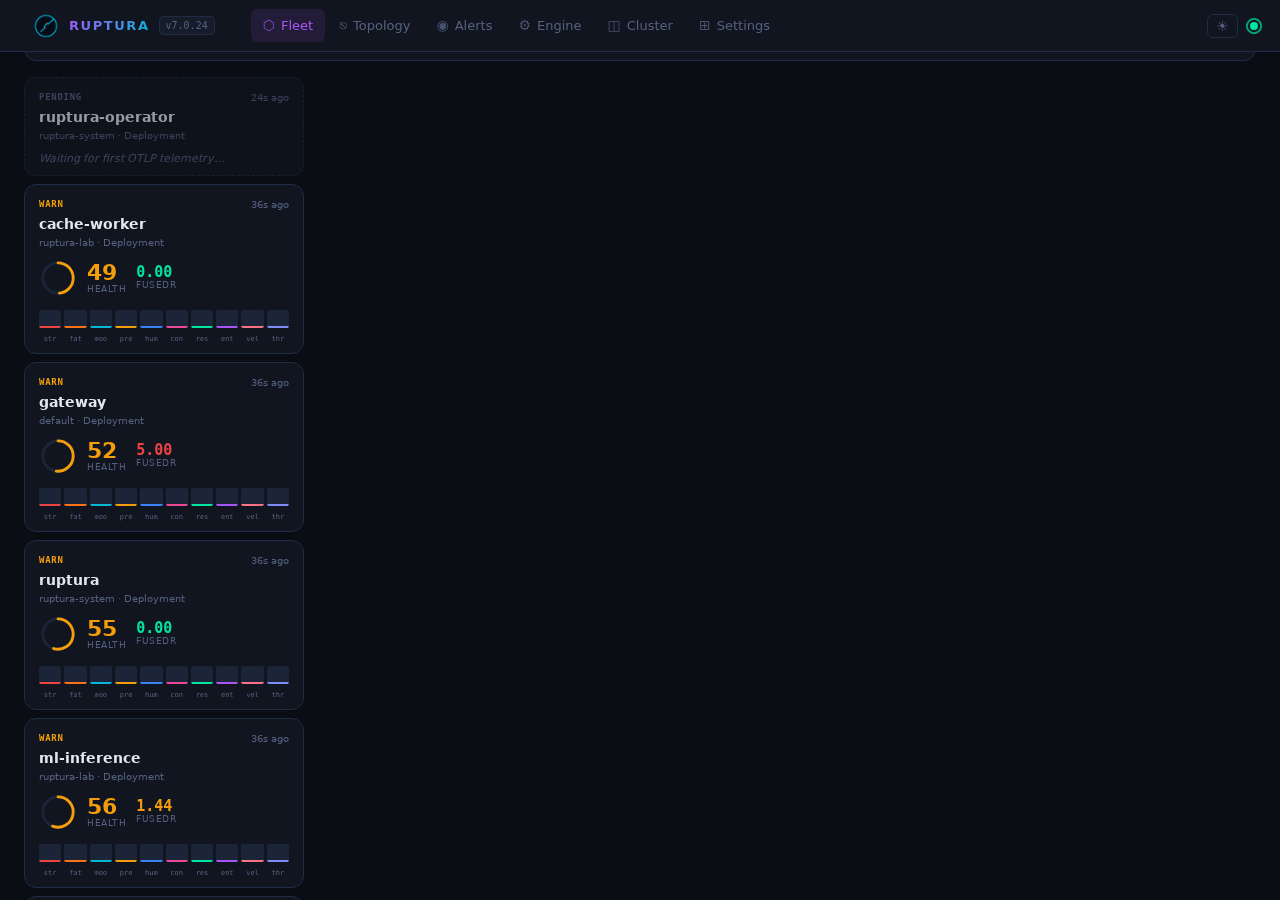 Workload detail during calibration — blue banner with progress, all signal baselines undefined