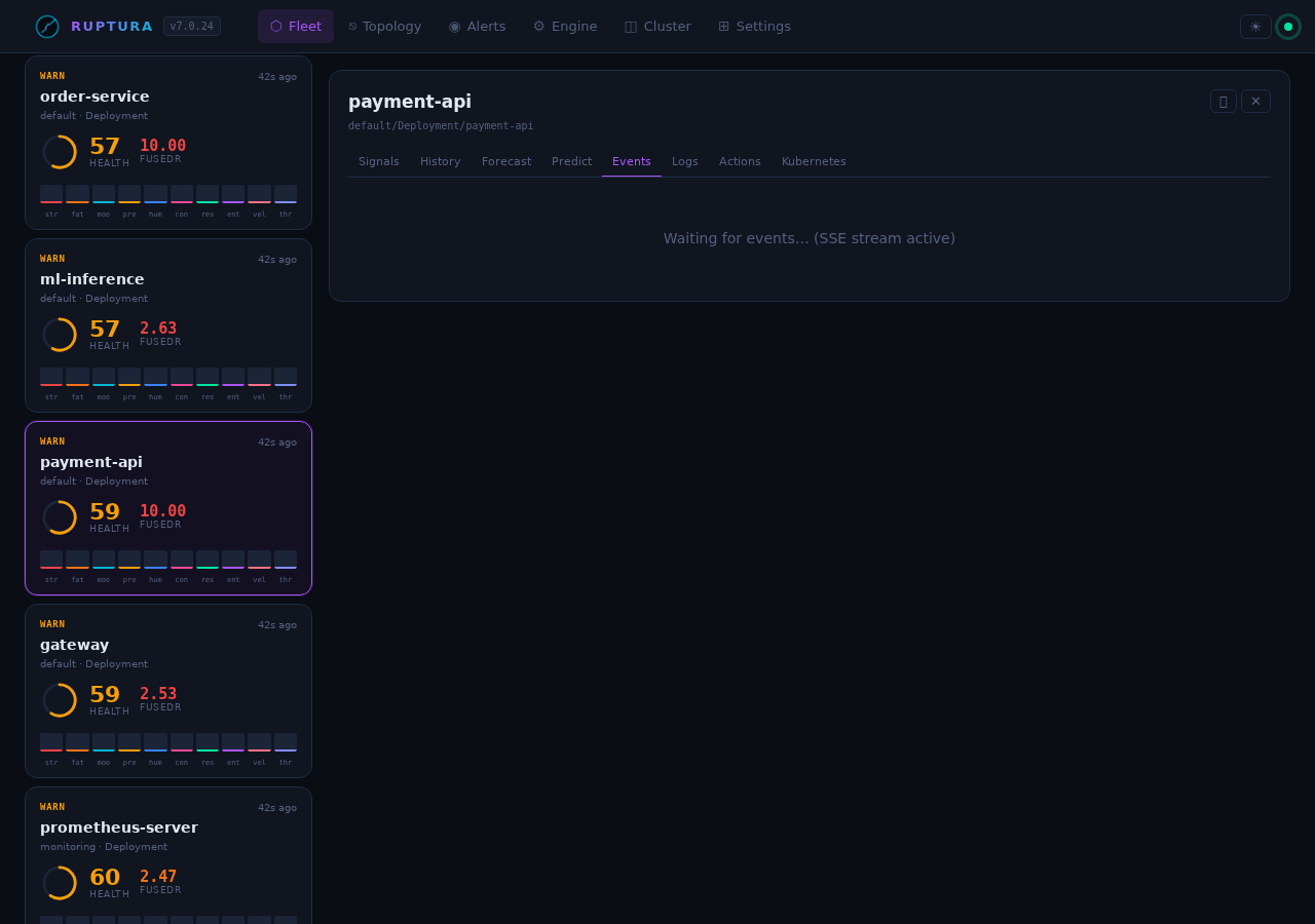 Events tab — live SSE rupture/recovery log